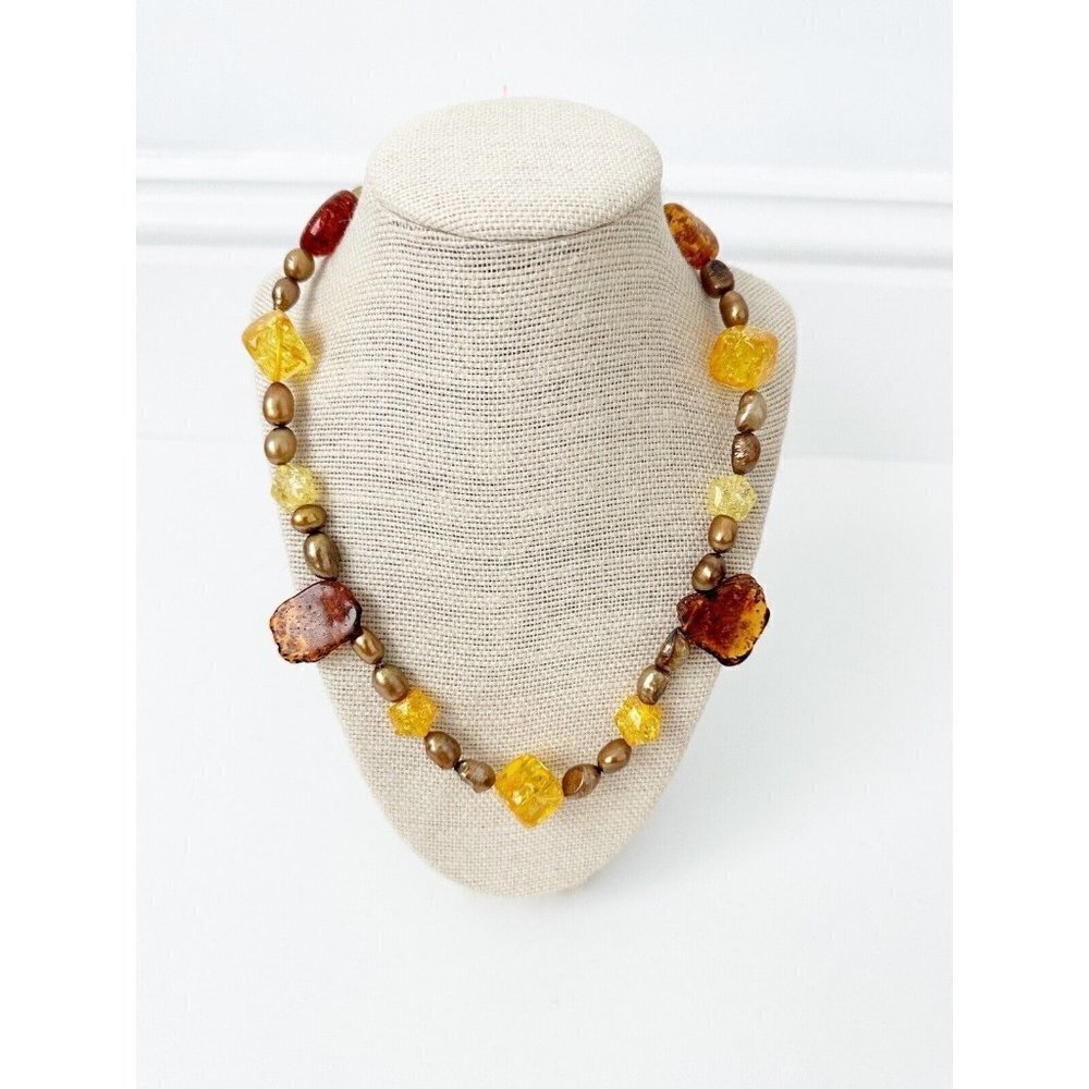 NWT Genuine Amber & Pearls Beaded Necklace Orange Gold Yellow